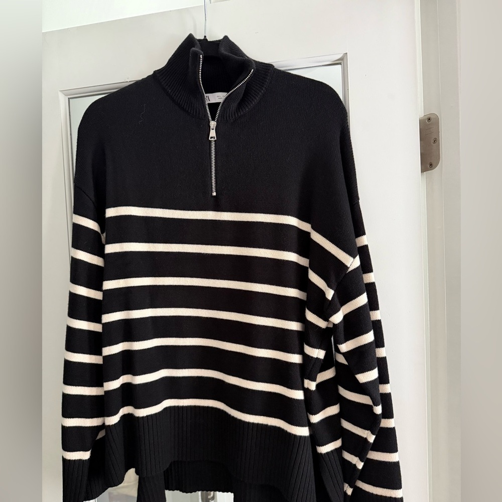 Zara Black & White Striped Quarter Zip Sweater